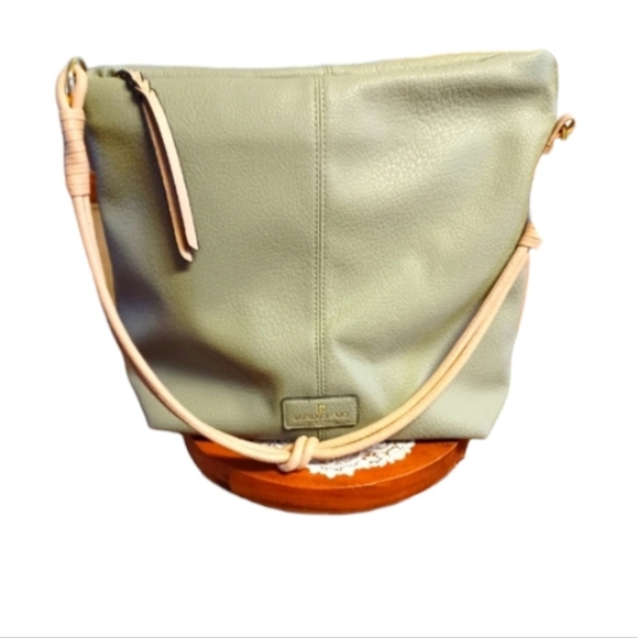 London Fog Collection Sage Green/Cream/Tan Oversized Knotted Strap Bag 12" - Picture 1 of 16